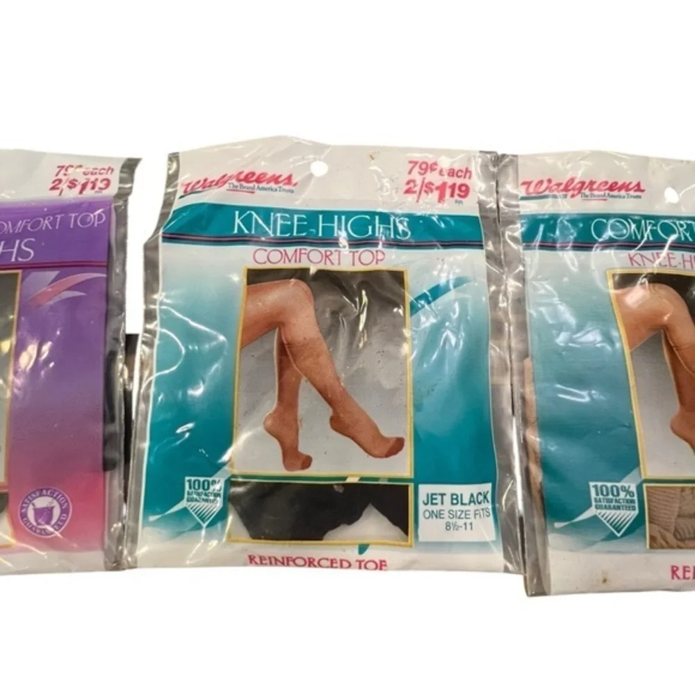Vintage NIP WALGREENS KNEE HIGH STOCKINGS Beige Black Navy White Comfort‎ Top